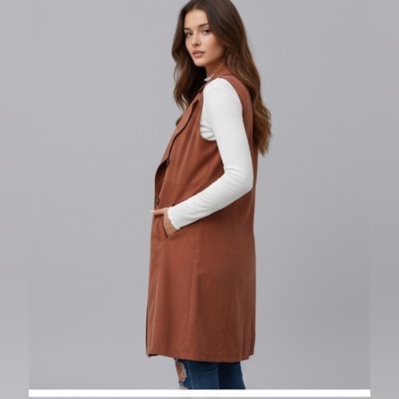 Rust Double-breasted Waterfall Collar Trench Vest - Picture 3 of 9